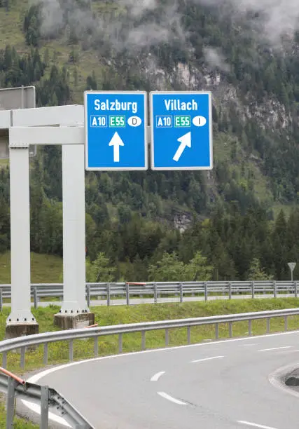 big road sign in the motorway with directions to the city of Salzburg or Villach that towards the Italian borders