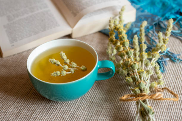 istock Tea in a turquoise cup with decoration - Greek mountain tea, herbal tea, white tea 1390629919