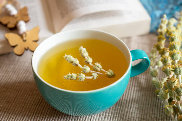 istock Tea in a turquoise cup with decoration - Greek mountain tea, herbal tea, white tea 1390629961
