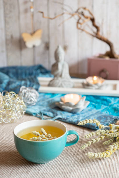 istock Tea in a turquoise cup with decoration - Greek mountain tea, herbal tea, white tea 1390630021