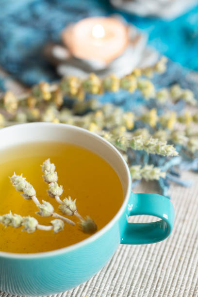 istock Tea in a turquoise cup with decoration - Greek mountain tea, herbal tea, white tea 1390630044