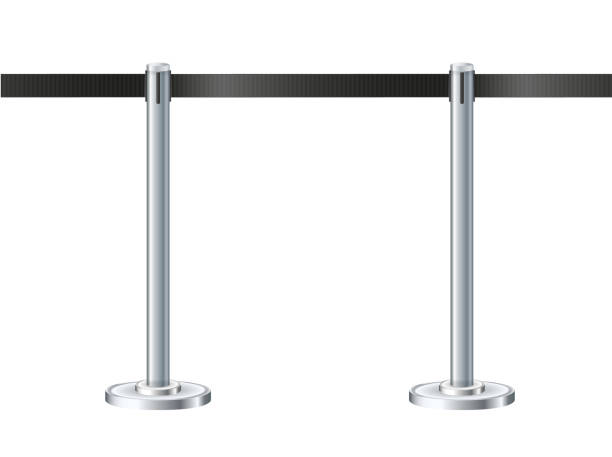 istock Retractable belt rack. Portable tape barrier. Black tape for fencing on silver supports. 1390630756