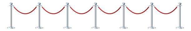 istock Retractable belt rack. Portable tape barrier. Red carpet with red ropes on silver stanchions. Exclusive event, movie premiere, gala, ceremony, awards concept. Vector 1390630969