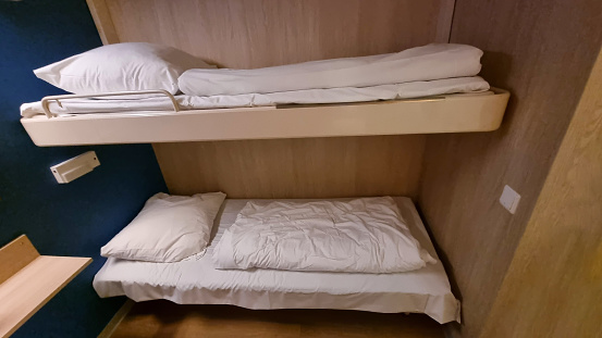 Ship Cabin With Two Bed. Luxury Cabin On Ferry Boat Or Cruise Liner.
