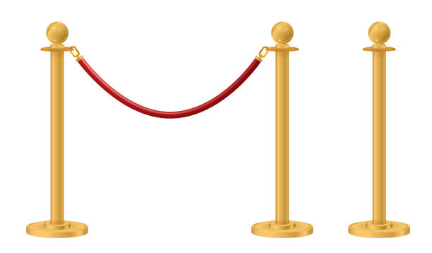 istock Retractable belt rack. Portable tape barrier. Red carpet with red ropes on golden stanchions. Exclusive event, movie premiere, gala, ceremony, awards concept. Vector 1390631375