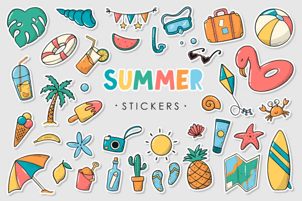summer stickers pack, clipart bundle Set of 35 summer stickers with white edge. Good for labels, prints, sublimation, cards, magnets, scrapbooking, clip art, stationary, etc. EPS 10 pineapple beach stock illustrations