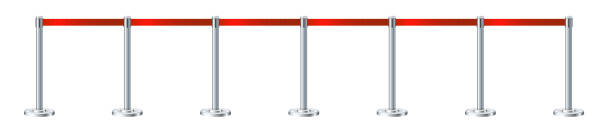 istock Retractable belt rack. Portable tape barrier. Red tape for fencing. Red carpet with red ropes on silver supports. Exclusive event, movie premiere, gala concert, awards ceremony. 1390631487