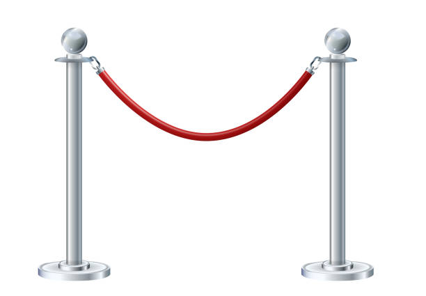 istock Retractable belt rack. Portable tape barrier. Red carpet with red ropes on silver stanchions. Exclusive event, movie premiere, gala, ceremony, awards concept. Vector 1390631598