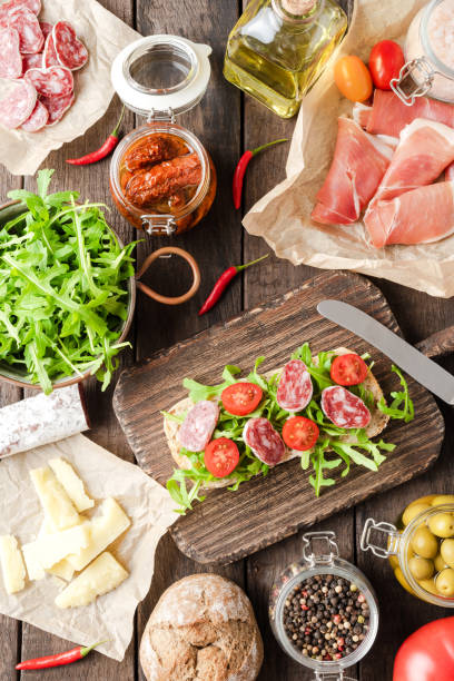 istock Delicious homemade sandwich. Top view 1390633223