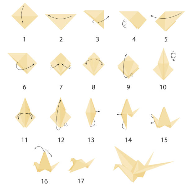 ilustrações, clipart, desenhos animados e ícones de instruções sobre como fazer guindaste de papel passo a passo. origami. - origami