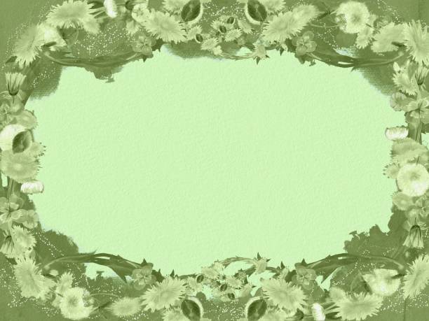 istock Illustration of flower wreath frame with dandelion, cotton wool and four-leaf clover in hand-drawn style. 1390634547