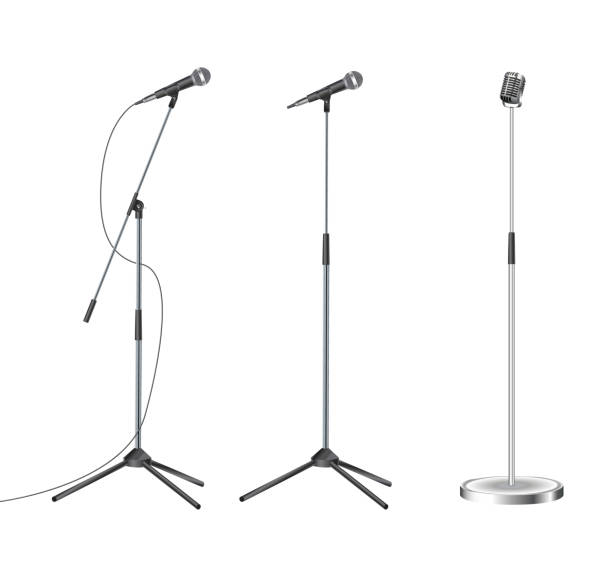 stojak z nowoczesnym mikrofonem na białym tle - microphone stock illustrations