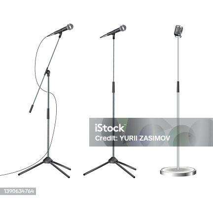 istock Stand with modern microphone on white background 1390634764