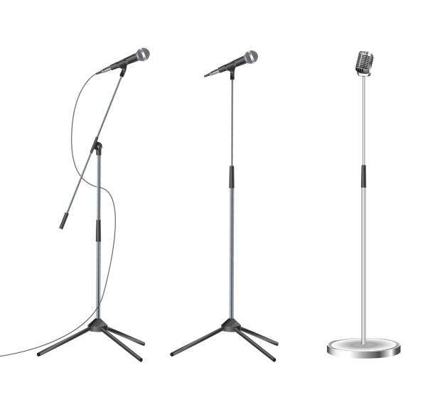 Stand with modern microphone on white background Stand with modern microphone on white background standing stock illustrations