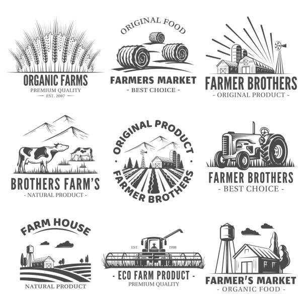 ilustraciones, imágenes clip art, dibujos animados e iconos de stock de conjunto de etiquetas del mercado agrícola - agriculture field tractor landscape