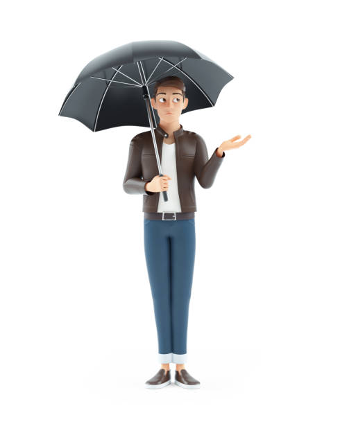 3d disappointed cartoon man holding umbrella, illustration isolated on white background