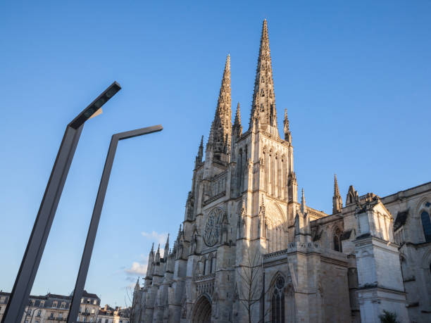 Bordeaux Cathedral (Cathedrale Saint Andre) seen from below, in the historic medieval part of the city. The catholic cathedral is the biggest symbol of city. stock photo