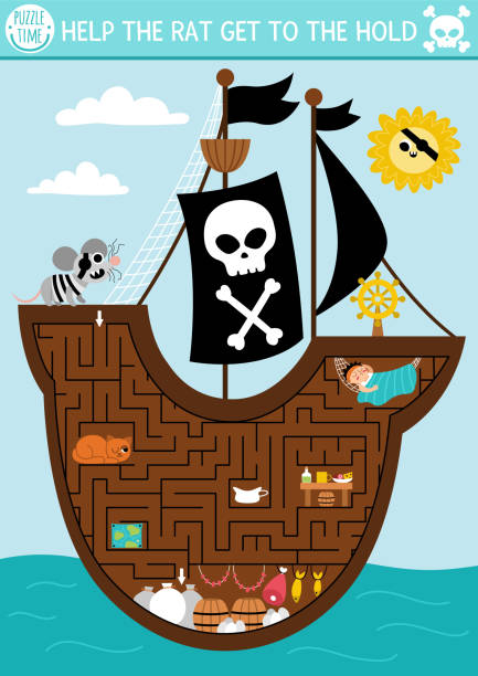 piratenlabyrinth für kinder mit meereslandschaft und schiffsinterieur. schatzsuche vorschule druckbare aktivität. seeabenteuer labyrinth spiel oder puzzle. hilf der ratte, in den griff zu kommen - 6721 stock-grafiken, -clipart, -cartoons und -symbole