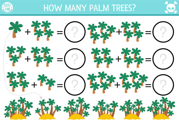 сколько пальм играет. дополнительное занятие по математике тропического острова для детей дошкольного возраста. простой летний печатный с - 6728 stock illustrations