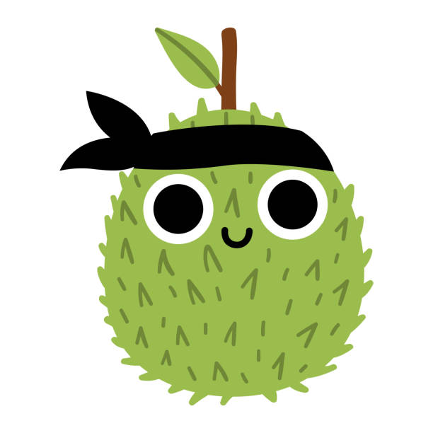 ilustraciones, imágenes clip art, dibujos animados e iconos de stock de vector divertido kawaii durian icono. ilustración de fruta pirata. planta cómica con ojos, banda para la cabeza y boca aislada sobre fondo blanco. clipart de comida saludable de verano. - 6732