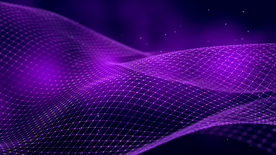 Digital technology background. Big Data visualization. Dynamic wave of glowing particles. Abstract background. 3d rendering.