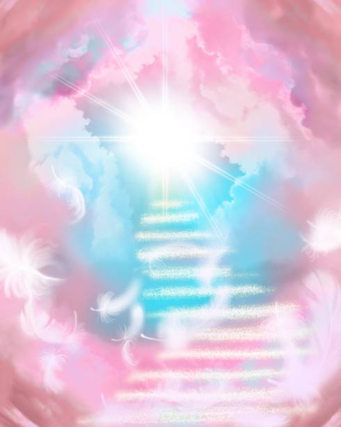 ilustraciones, imágenes clip art, dibujos animados e iconos de stock de ilustración de la escalera de nubes rosas al cielo y la luz brillante de dios - escalera hacia el cielo
