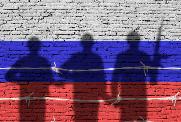 flagge russlands auf eine ziegelmauer mit soldatenschatten gemalt - falsche malerei wände stock-fotos und bilder