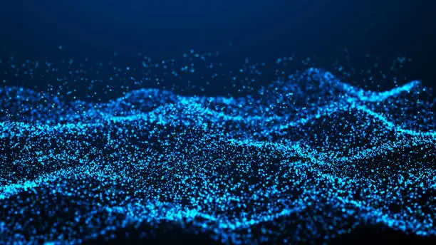 Photo of Wave of glowing dots on dark background. Abstract digital background. Technology illustration. 3d rendering.