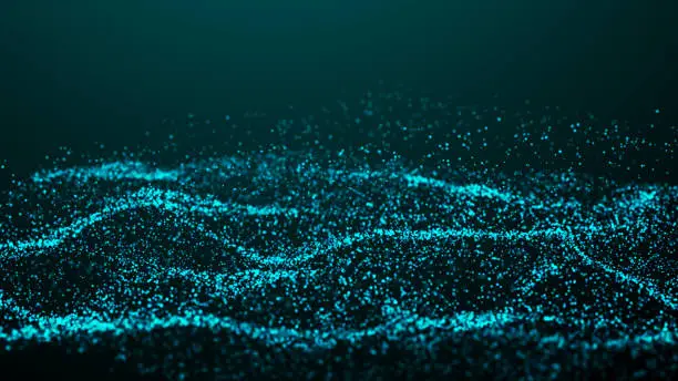 Photo of Wave of glowing dots on dark background. Abstract digital background. Technology illustration. 3d rendering.