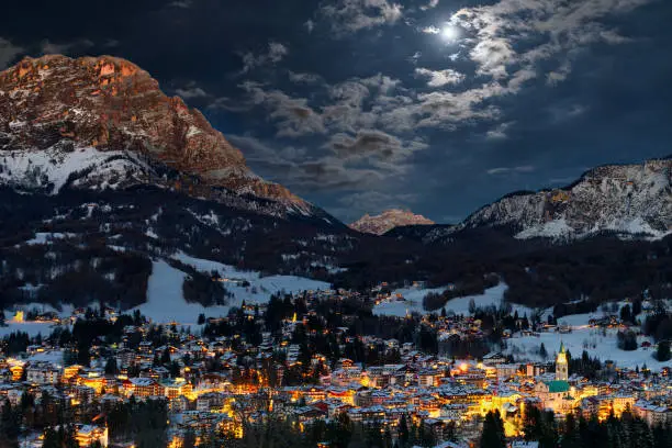 Cortina D'Ampezzo, pearl of the Dolomites in the moonlight