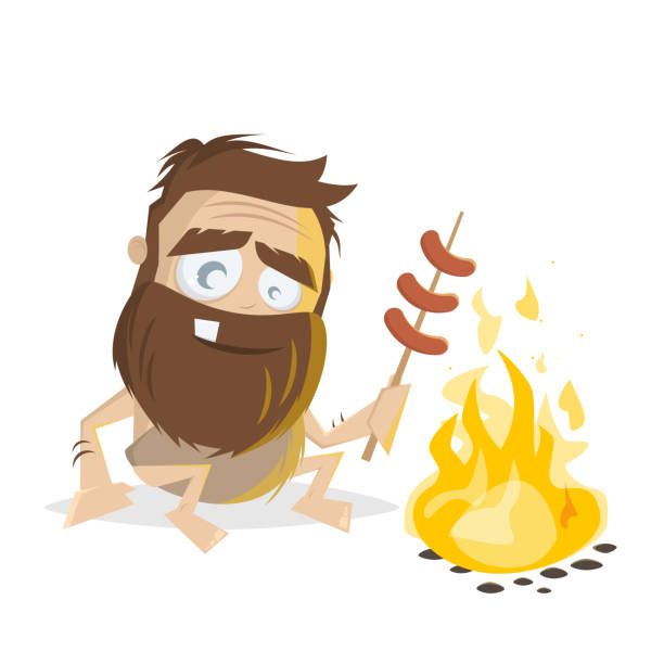 lustige illustration eines prähistorischen cartoon-mannes, der würstchen grillt - sausage grilled isolated single object stock-grafiken, -clipart, -cartoons und -symbole