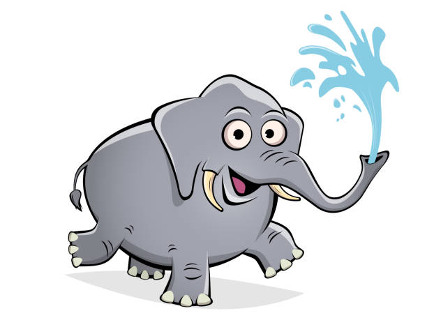 lustiger cartoon elefant spritzt wasser - elephant water vector animals in the wild stock-grafiken, -clipart, -cartoons und -symbole
