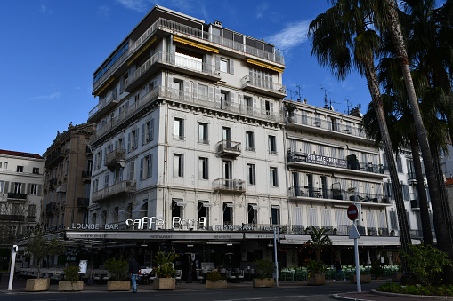 Cannes, France - May 4, 2023: View of the Hotel Splendid Cannes, a beautiful old hotel overlooking the waterfront.