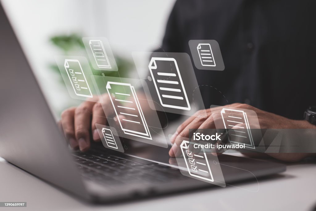 Concept for an online documentation database and document management system. To manage files more efficiently, use process automation. Document Stock Photo