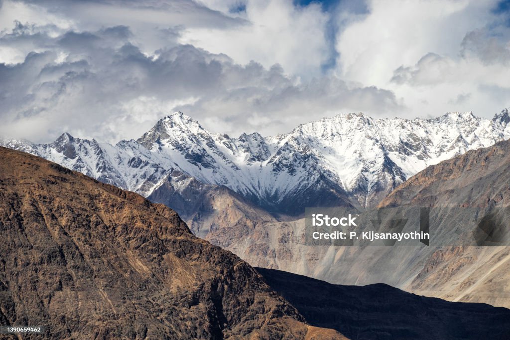 Snow-capped mountain Himalaya high altitude region Snowcapped mountain Himalaya high altitude region Ladakh India K2 - Mountain Stock Photo