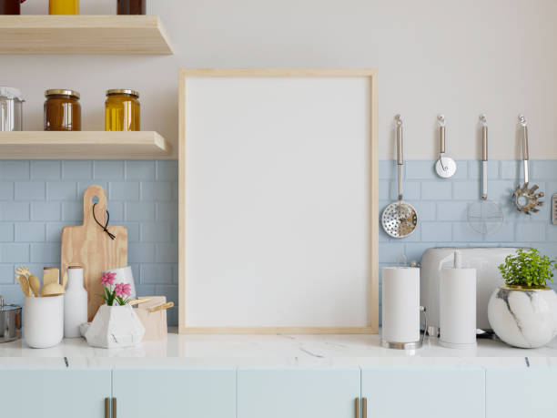 istock Frame mockup in kitchen interior on wooden table in kitchen room. 1390661228