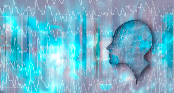 elektroenzephalographie-konzept. medizinischer hintergrund mit patientenprofilsilhouette und spike- und wellen-eeg-muster mit kopierraum. eeg als diagnosemethode für tumore, schlaganfälle und andere fokale hirnerkrankungen. - electrode stock-grafiken, -clipart, -cartoons und -symbole