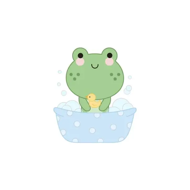 Vector illustration of A cute little frog taking a bubble bath with a yellow rubber duck.