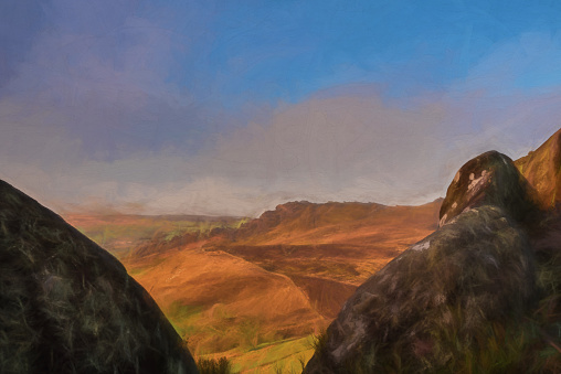 Fine art, artwork. Digital abstract oil painting of a beautiful Ramshaw Rocks sunrise at Ramshaw Rocks in the Peak District National Park. Blue skies and a touch of mist.