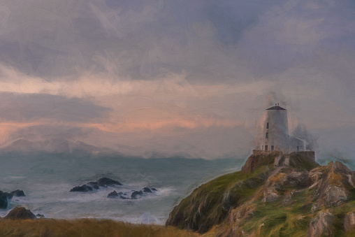 Digital painting of the Llanddwyn island lighthouse, Twr Mawr at Ynys Llanddwyn on Anglesey, North Wales at sunrise.