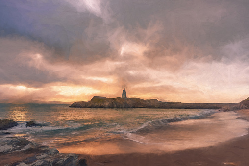 Digital painting of the Llanddwyn island lighthouse, Goleudy Twr Bach at Ynys Llanddwyn on Anglesey, North Wales at sunrise.