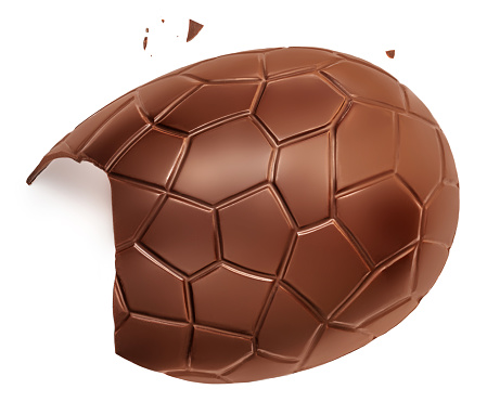 Crushed Chocolate Easter egg isolated on white background, close up. Milk chocoate top view