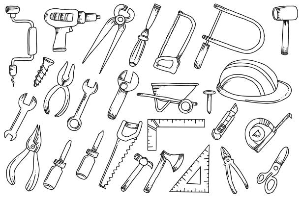 ilustraciones, imágenes clip art, dibujos animados e iconos de stock de diseño de garabatos de herramientas de carpintero - wrench ruler screwdriver hammer