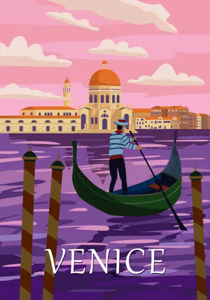 Vector illustration of Retro Poster Venice Italia. Grand Canal, gondolier, architecture, vintage style card. Vector illustration postcard