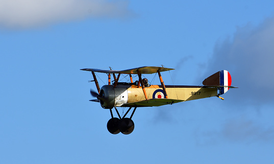 Ickwell, Bedfordshire, England - September 06, 2020: Vintage 1916  Sopwith Pup World War 1  aircraft in flight.