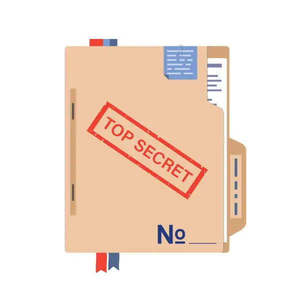 Vector illustration of Government report top secret, seal stamped on folder with important documents. Cardboard folder with stamp, isolated on white background.