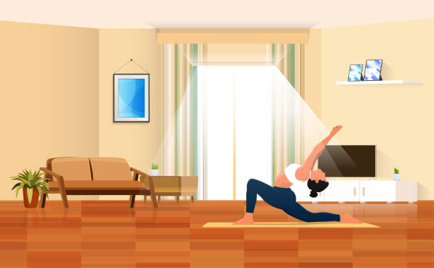 detaillierte vektorillustration einer frau, die yoga im schönen wohnzimmer praktiziert. - floor women sitting yoga stock-grafiken, -clipart, -cartoons und -symbole