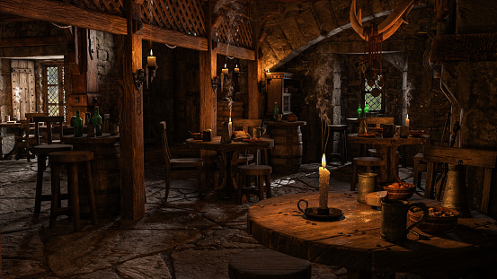 Medieval inn dining area lit by candlelight and daylight through windows with food and drink  on tables. 3D irendering.