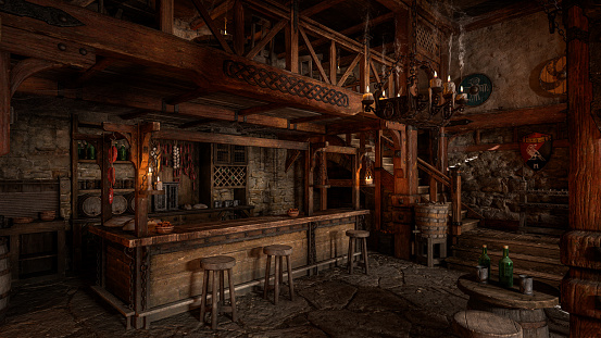 The bar in an old medieval inn or tavern with decorative shields on the wall and staircase in the background. 3D rendering.