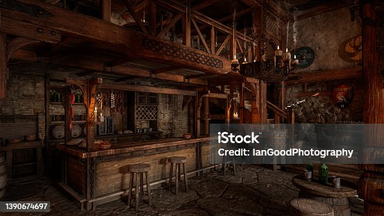 istock The bar in an old medieval inn or tavern with decorative shields on the wall and staircase in the background. 3D rendering. 1390674697